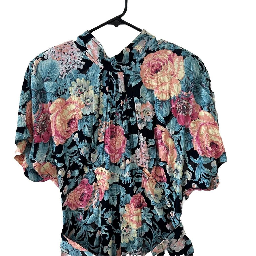 Vintage Karen Alexander Pintuck Ruffle Peplum Floral Viscose BeltedSlit Dress 10 - Picture 2 of 16